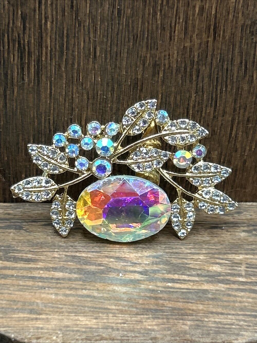 Rhinestone Floral Brooch Modern Fashion Jewelry Gold Tone 1 3/4” Costume